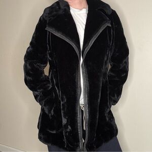 Vintage Borgana Black Faux Fur Coat Leather Trim Glam Jacket Old Hollywood S/M